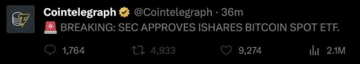 Bitcoin value
SEC approves Blackrock Bitcoin Spot ETF
False information about Bitcoin
Bitcoin trading news
Rollbit account
Leveraged Bitcoin positions
Rollbit screenshot
Cointelegraph's Bitcoin ETF Tweet
InfinityHedge Telegram group
Social media controversy
Bitcoin related stocks
Pump and dump in cryptocurrency
SEC's role in verifying news
Options for portfolio protection
Cryptocurrency market events
Blackrock market cap
Bitcoin rally
Bitcoin long position
Cointelegraph editorial team
Source verification in news reporting